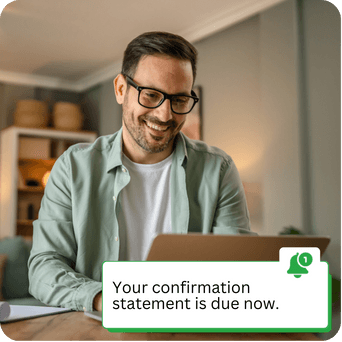 Entrepreneur receiving an automated reminder from Online Filings about an upcoming confirmation statement deadline, ensuring timely filing and full flexibility