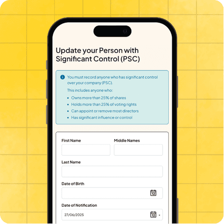 Mobile view of Online Filings platform showing how to change a Person with Significant Control (PSC) online