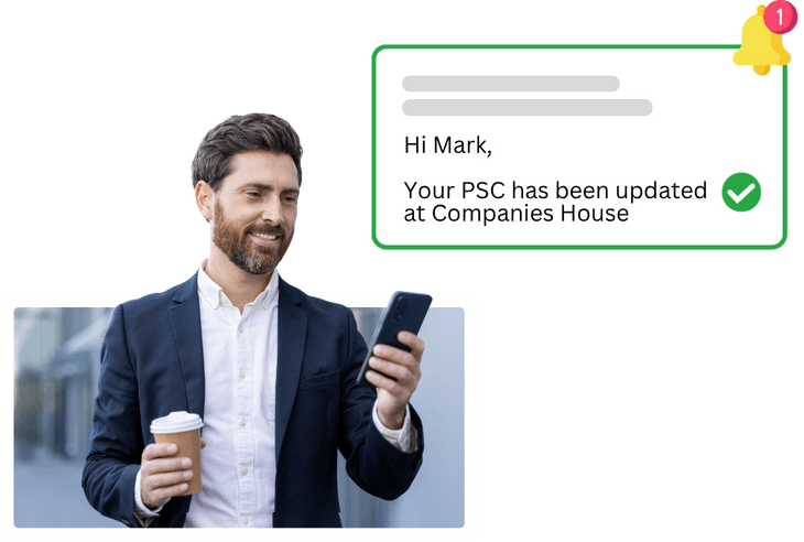Businessman receives confirmation on phone that PSC has been successfully updated at Companies House via Online Filings platform