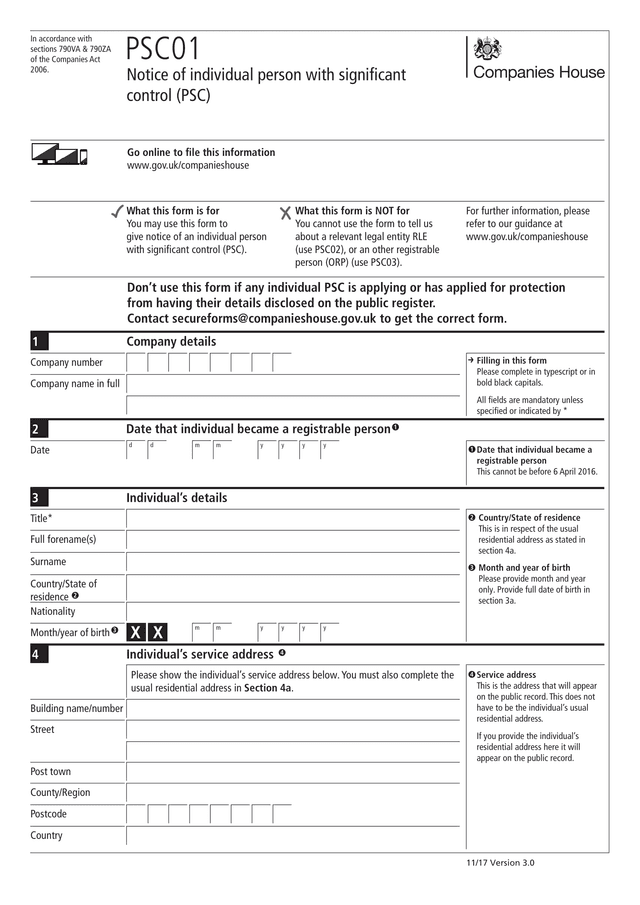 Form used to file a change of PSCs with Companies House in the UK